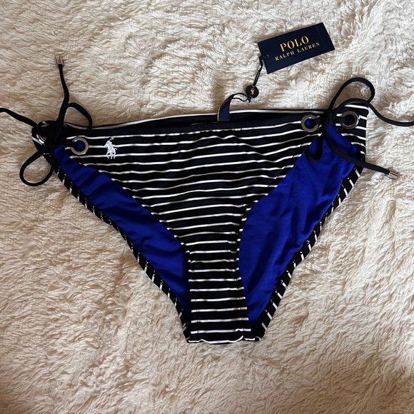 Ralph Lauren Black and White Striped Bikini Bottom with Blue Accents - Picture 1 of 4
